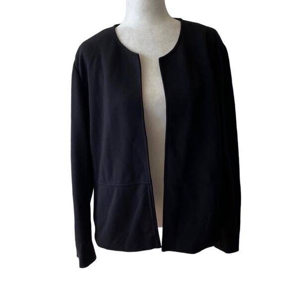Joan Vass Open Front Black Blazer Pockets Collarless Jacket - Picture 10 of 10